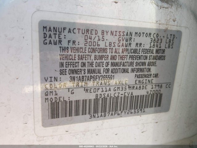 Продажа на аукционе авто 2015 Nissan Sentra S, vin: 3N1AB7AP6FY265591, номер лота: 45200063