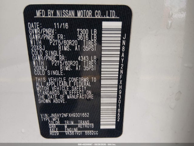 45200067 :رقم المزاد ، JN8AY2NFXH9301652 vin ، 2017 Nissan Armada Platinum مزاد بيع