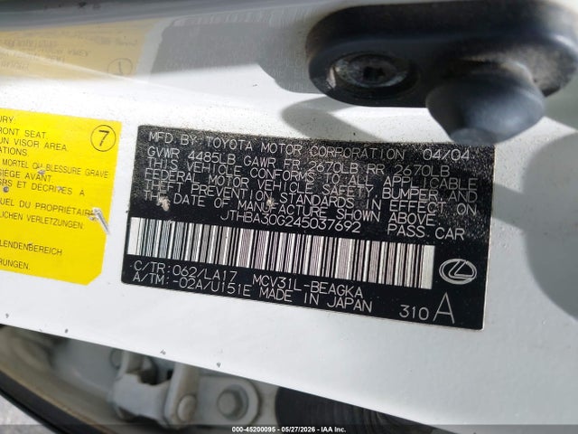 2004 Lexus Es 330 მანქანა იყიდება აუქციონზე, vin: JTHBA30G245037692, აუქციონის ნომერი: 45200095