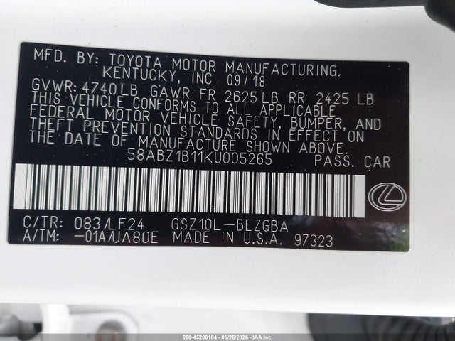 45200104 :رقم المزاد ، 58ABZ1B11KU005265 vin ، 2019 Lexus Es 350 F Sport مزاد بيع