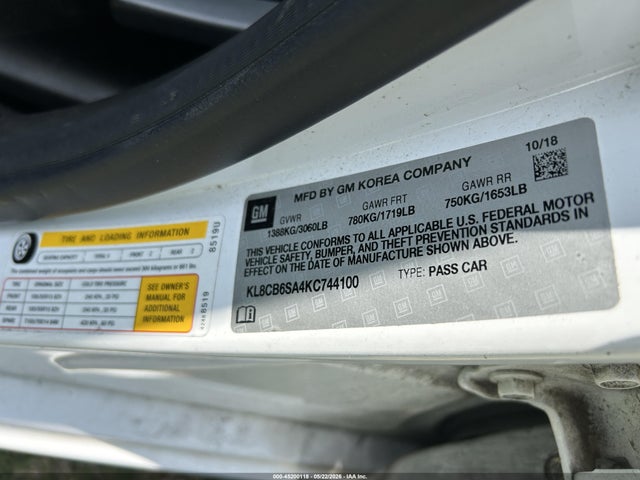 Продажа на аукционе авто 2019 Chevrolet Spark Ls Cvt, vin: KL8CB6SA4KC744100, номер лота: 45200118