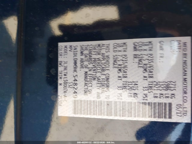 Aukcja sprzedaży 2017 Infiniti Qx60, vin: 5N1DL0MM9HC548249, numer aukcji: 45200132