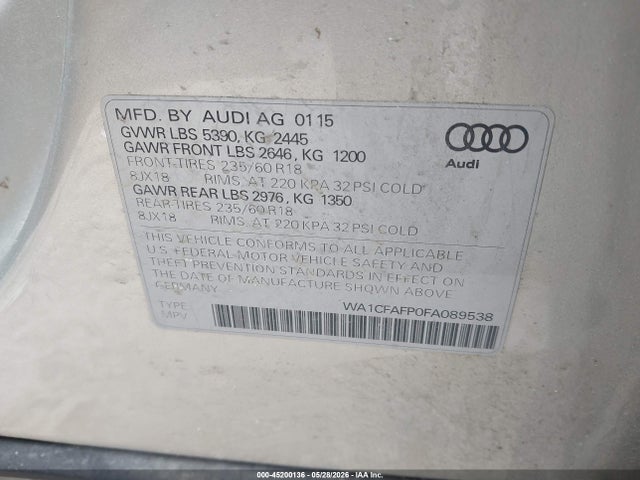 Aukcja sprzedaży 2015 Audi Q5 2.0t Premium, vin: WA1CFAFP0FA089538, numer aukcji: 45200136