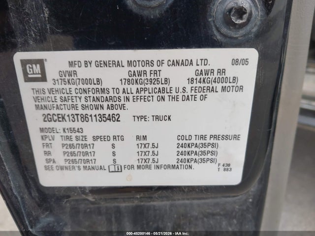 Продаж на аукціоні авто 2006 Chevrolet Silverado 1500 Lt2, vin: 2GCEK13T861135462, номер лоту: 45200146