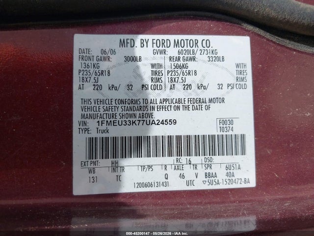 45200147 :رقم المزاد ، 1FMEU33K77UA24559 vin ، 2007 Ford Explorer Sport Trac Limited مزاد بيع