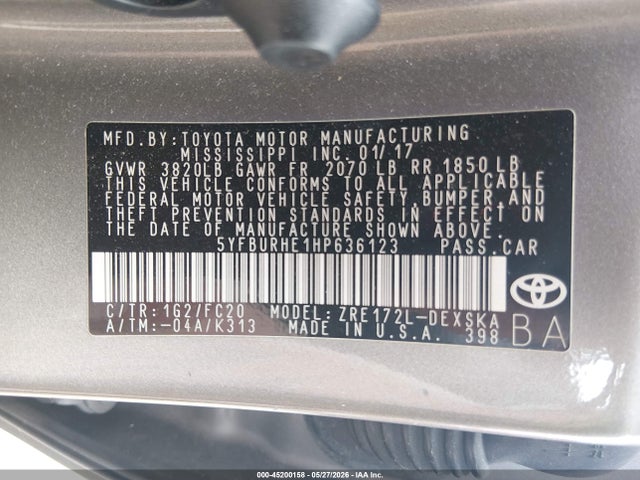 Aukcja sprzedaży 2017 Toyota Corolla Se, vin: 5YFBURHE1HP636123, numer aukcji: 45200158