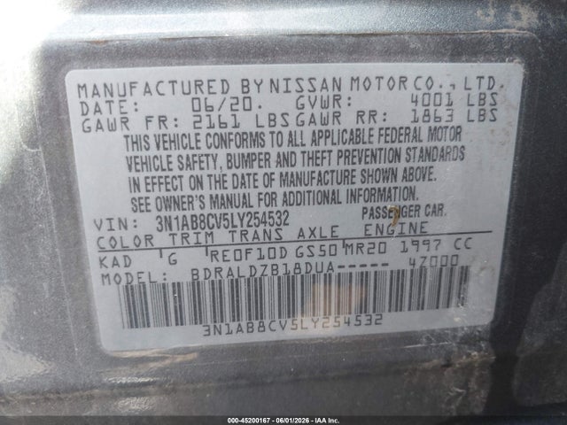 45200167 :رقم المزاد ، 3N1AB8CV5LY254532 vin ، 2020 Nissan Sentra Sv Xtronic Cvt مزاد بيع