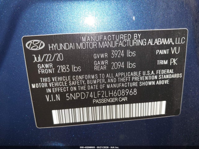 45200181 :رقم المزاد ، 5NPD74LF2LH608968 vin ، 2020 Hyundai Elantra Se مزاد بيع