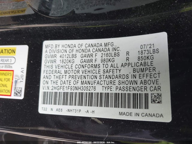 Продаж на аукціоні авто 2022 Honda Civic Touring, vin: 2HGFE1F93NH305276, номер лоту: 45200185