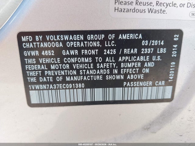 Продаж на аукціоні авто 2014 Volkswagen Passat 2.0l Tdi Se, vin: 1VWBN7A37EC091380, номер лоту: 45200187