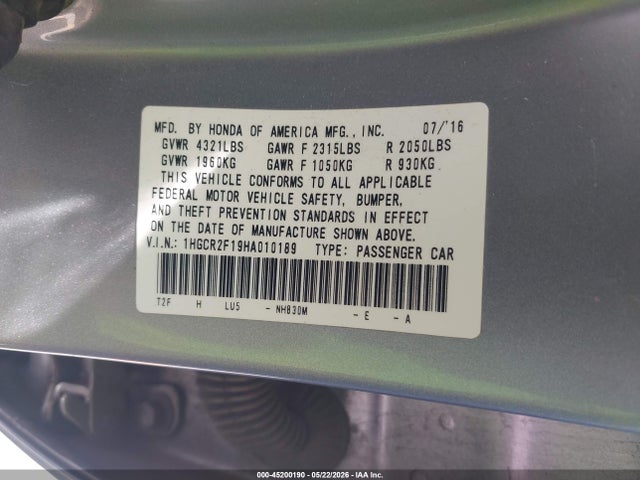 Aukcja sprzedaży 2017 Honda Accord Sport Se, vin: 1HGCR2F19HA010189, numer aukcji: 45200190