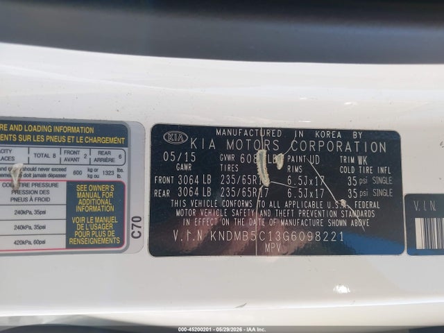Aukcja sprzedaży 2016 Kia Sedona Lx, vin: KNDMB5C13G6098221, numer aukcji: 45200201