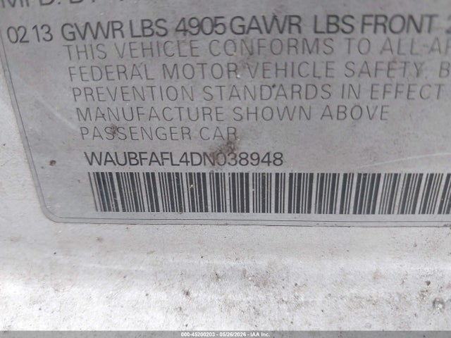 2013 Audi A4 Premium მანქანა იყიდება აუქციონზე, vin: WAUBFAFL4DN038948, აუქციონის ნომერი: 45200203