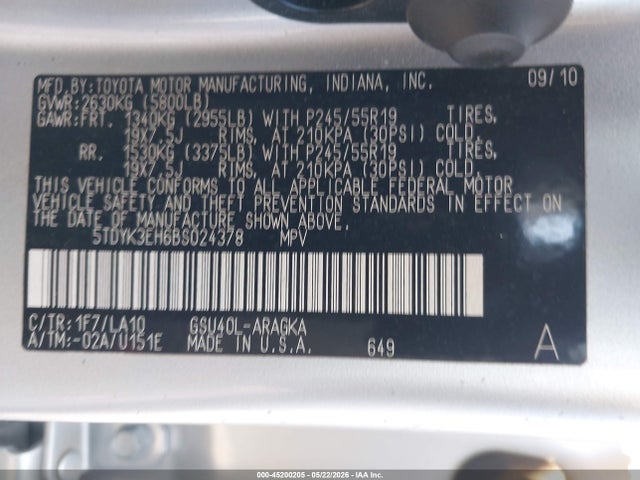 Продаж на аукціоні авто 2011 Toyota Highlander Limited V6, vin: 5TDYK3EH6BS024378, номер лоту: 45200205