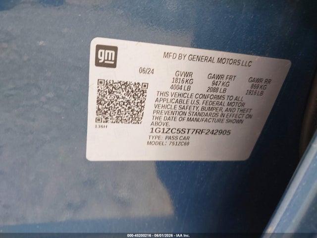 2024 Chevrolet Malibu Fwd 1fl მანქანა იყიდება აუქციონზე, vin: 1G1ZC5ST7RF242905, აუქციონის ნომერი: 45200216
