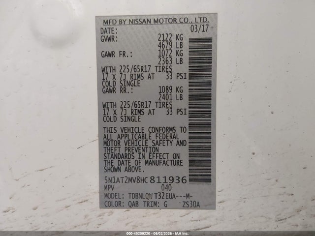 Aukcja sprzedaży 2017 Nissan Rogue Sv, vin: 5N1AT2MV8HC811936, numer aukcji: 45200220