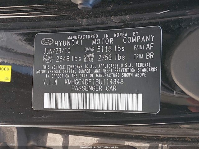 2011 Hyundai Genesis 4.6 მანქანა იყიდება აუქციონზე, vin: KMHGC4DF1BU114348, აუქციონის ნომერი: 45200219