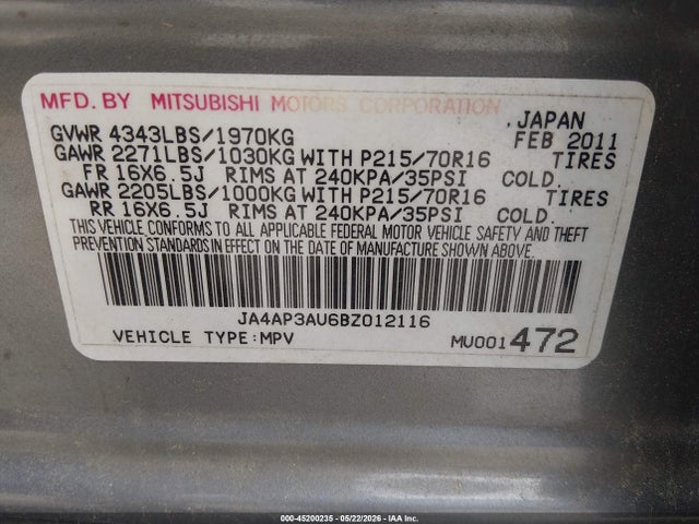 Продажа на аукционе авто 2011 Mitsubishi Outlander Sport Es, vin: JA4AP3AU6BZ012116, номер лота: 45200235