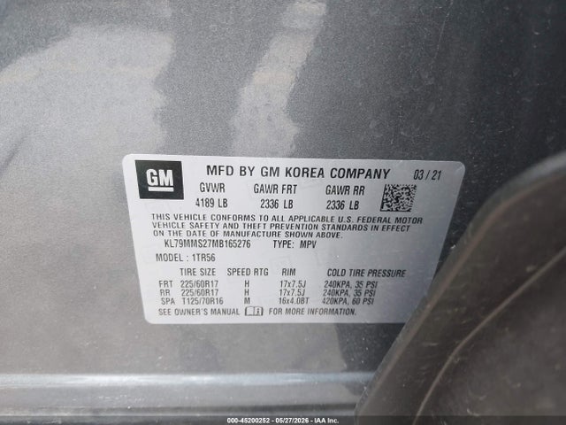 Aukcja sprzedaży 2021 Chevrolet Trailblazer Fwd Ls, vin: KL79MMS27MB165276, numer aukcji: 45200252