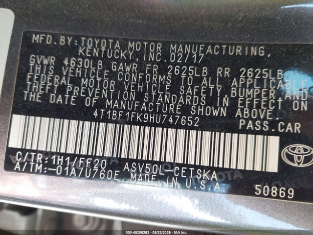 45200263 :رقم المزاد ، 4T1BF1FK9HU747652 vin ، 2017 Toyota Camry Se مزاد بيع