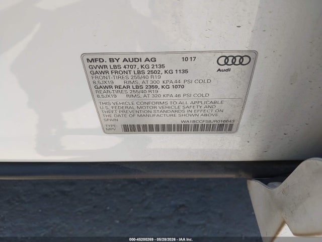 Auction sale of the 2018 Audi Q3 2.0t Premium/2.0t Sport Premium, vin: WA1BCCFS8JR016643, lot number: 45200269