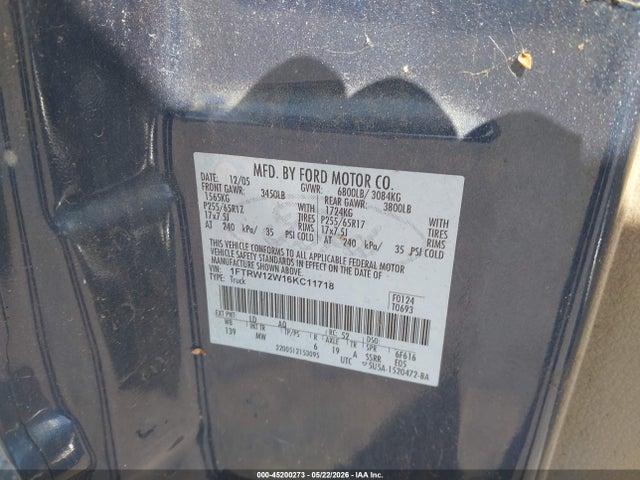 45200273 :رقم المزاد ، 1FTRW12W16KC11718 vin ، 2006 Ford F-150 Xlt مزاد بيع