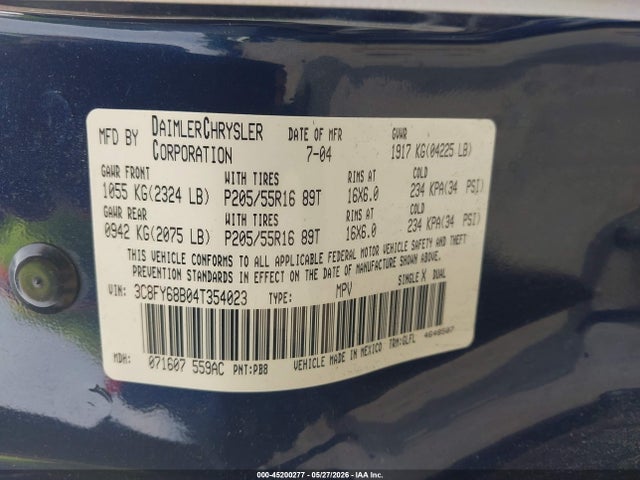 45200277 :رقم المزاد ، 3C8FY68B04T354023 vin ، 2004 Chrysler Pt Cruiser Limited مزاد بيع