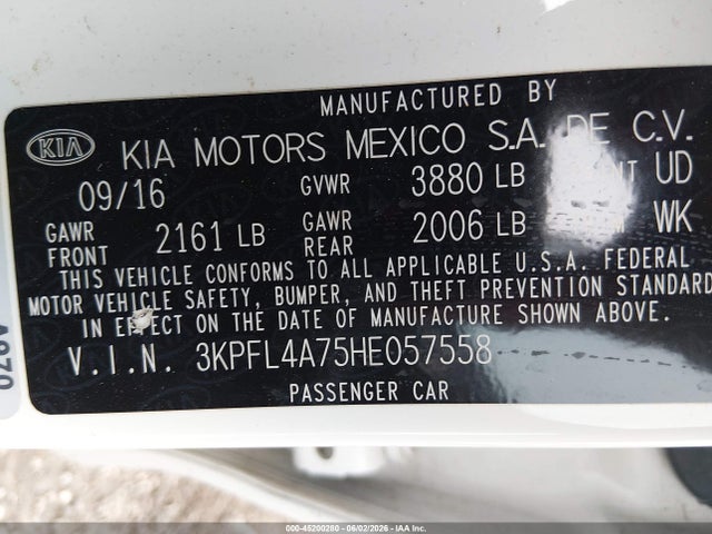 2017 Kia Forte S მანქანა იყიდება აუქციონზე, vin: 3KPFL4A75HE057558, აუქციონის ნომერი: 45200280