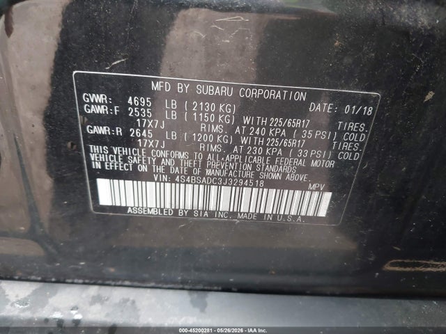 Продажа на аукционе авто 2018 Subaru Outback 2.5i Premium, vin: 4S4BSADC3J3294518, номер лота: 45200281