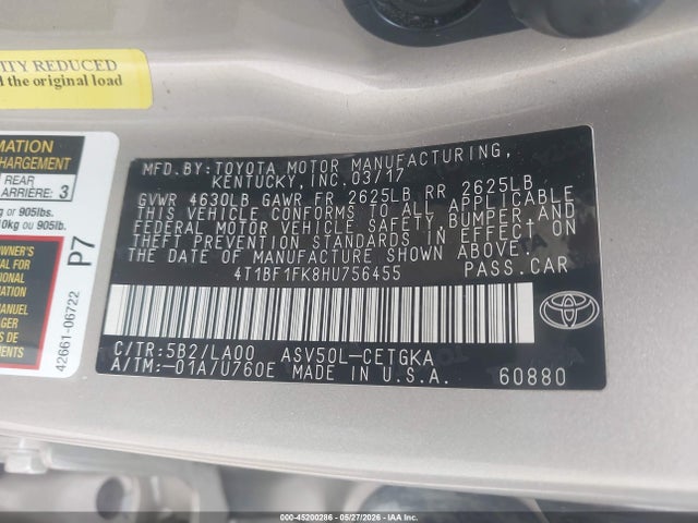 4T1BF1FK8HU756455 Toyota CAMRY XLE
