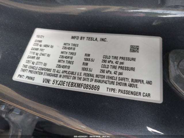 Tesla Model 3 Long Range 2021 5YJ3E1EBXMF085869 Image 9