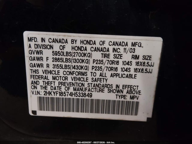 45200297 :رقم المزاد ، 2HKYF18574H533849 vin ، 2004 Honda Pilot Ex-l مزاد بيع