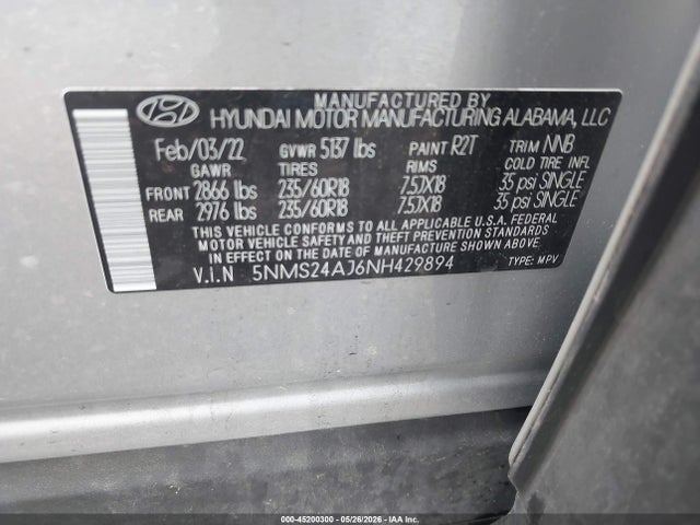 2022 Hyundai Santa Fe Sel მანქანა იყიდება აუქციონზე, vin: 5NMS24AJ6NH429894, აუქციონის ნომერი: 45200300
