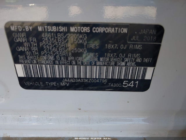Продаж на аукціоні авто 2019 Mitsubishi Outlander Sel, vin: JA4AD3A33KZ004796, номер лоту: 45200314