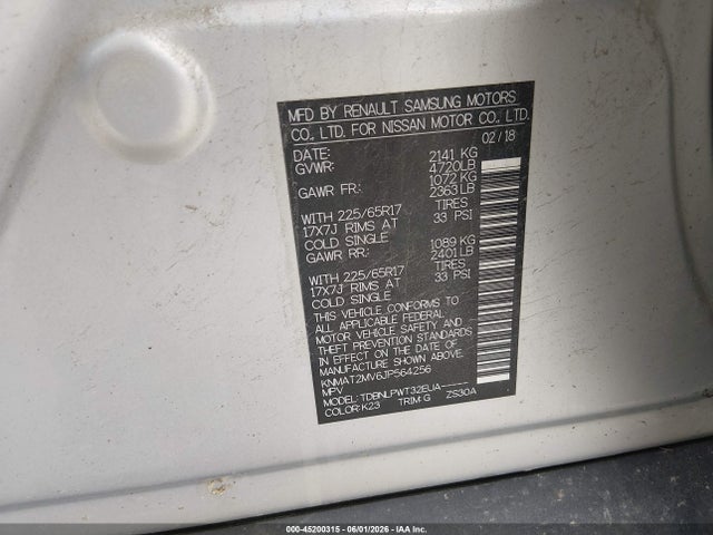 45200315 :رقم المزاد ، KNMAT2MV6JP564256 vin ، 2018 Nissan Rogue S مزاد بيع