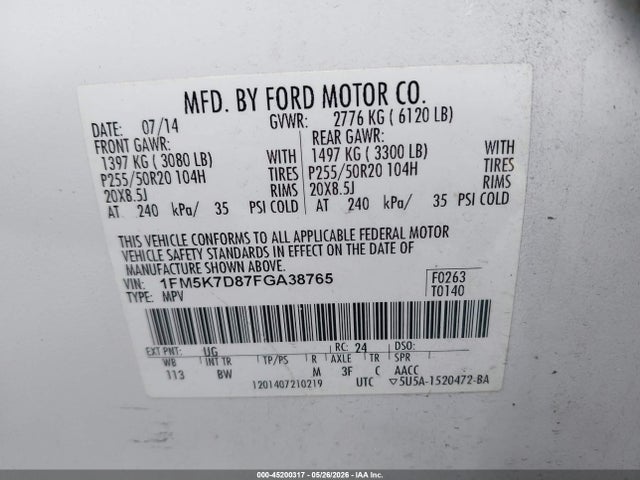 2015 Ford Explorer Xlt მანქანა იყიდება აუქციონზე, vin: 1FM5K7D87FGA38765, აუქციონის ნომერი: 45200317