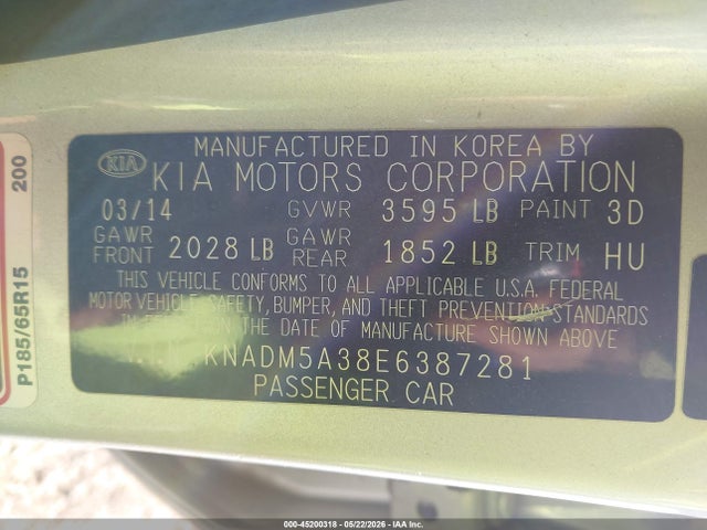 Aukcja sprzedaży 2014 Kia Rio Lx, vin: KNADM5A38E6387281, numer aukcji: 45200318