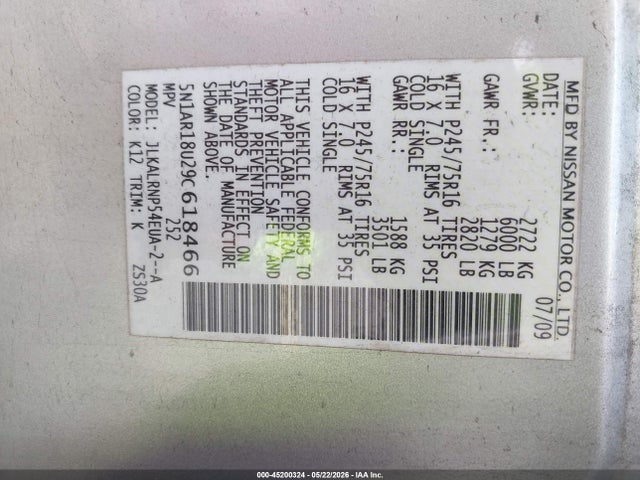 Продажа на аукционе авто 2009 Nissan Pathfinder S, vin: 5N1AR18U29C618466, номер лота: 45200324