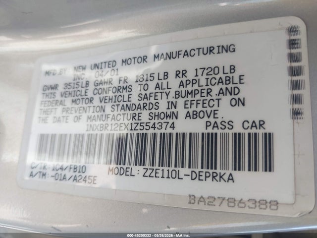 Aukcja sprzedaży 2001 Toyota Corolla Ce, vin: 1NXBR12EX1Z554374, numer aukcji: 45200332
