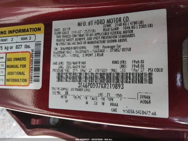 Aukcja sprzedaży 2019 Ford Fusion Titanium, vin: 3FA6P0D97KR210893, numer aukcji: 45200337