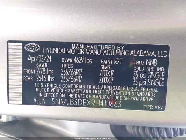 Продаж на аукціоні авто 2024 Hyundai Tucson Sel, vin: 5NMJB3DEXRH410663, номер лоту: 45200350
