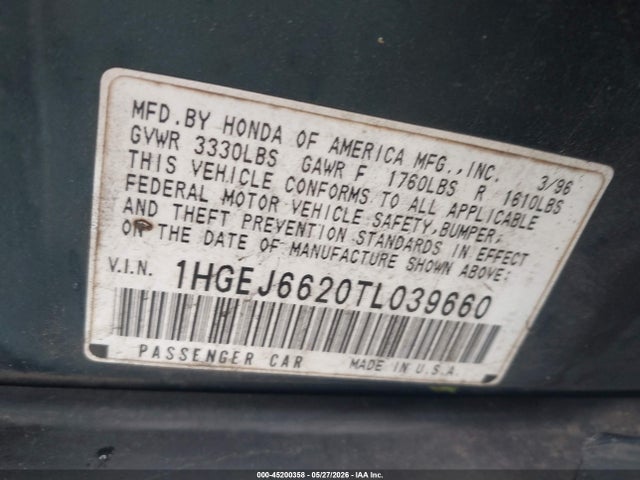 Aukcja sprzedaży 1996 Honda Civic Dx, vin: 1HGEJ6620TL039660, numer aukcji: 45200358