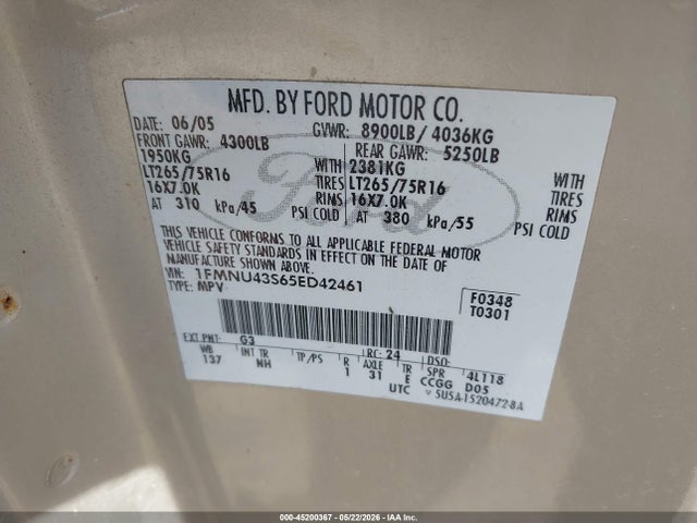 Продаж на аукціоні авто 2005 Ford Excursion Limited, vin: 1FMNU43S65ED42461, номер лоту: 45200367