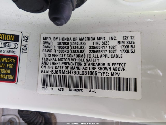 Aukcja sprzedaży 2013 Honda Cr-v Ex-l, vin: 5J6RM4H73DL031066, numer aukcji: 45200372