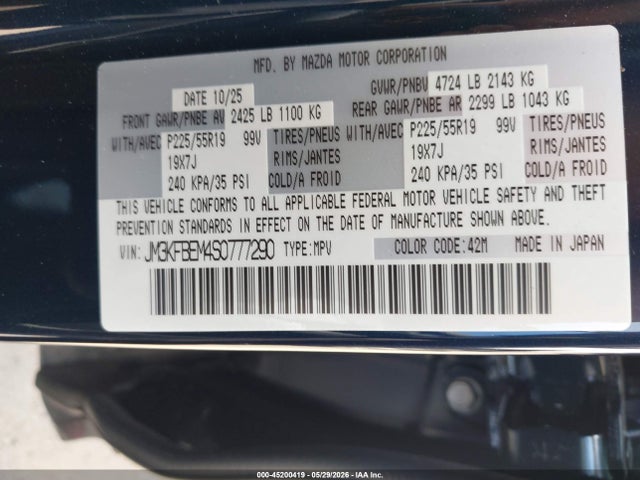 45200419 :رقم المزاد ، JM3KFBEM4S0777290 vin ، 2025 Mazda Cx-5 2.5 S Premium Plus مزاد بيع