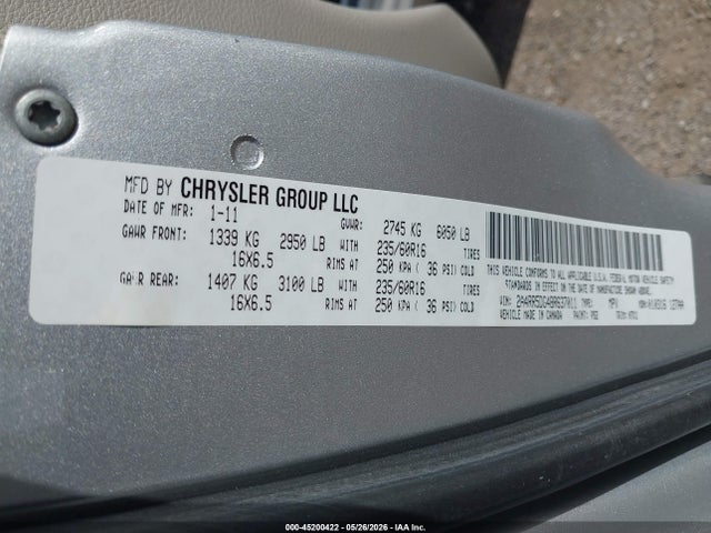 2011 Chrysler Town & Country Touring მანქანა იყიდება აუქციონზე, vin: 2A4RR5DG4BR637011, აუქციონის ნომერი: 45200422