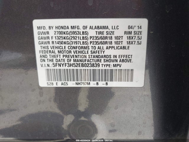 45200424 :رقم المزاد ، 5FNYF3H52EB023839 vin ، 2014 Honda Pilot Ex-l مزاد بيع