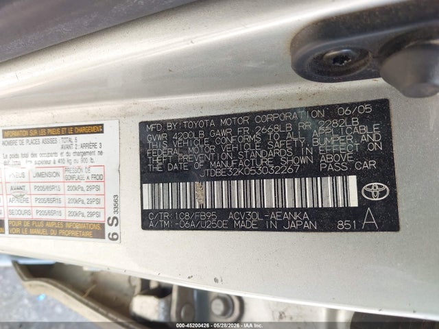 Aukcja sprzedaży 2005 Toyota Camry Le, vin: JTDBE32K053032267, numer aukcji: 45200426