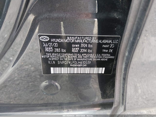 Продаж на аукціоні авто 2020 Hyundai Elantra Se, vin: 5NPD74LF0LH610539, номер лоту: 45200434