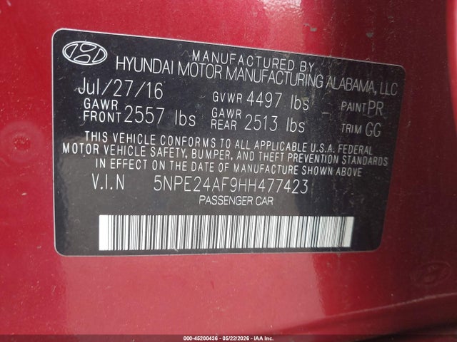 45200436 :رقم المزاد ، 5NPE24AF9HH477423 vin ، 2017 Hyundai Sonata Se مزاد بيع